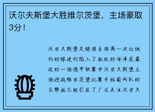 沃尔夫斯堡大胜维尔茨堡，主场豪取3分！